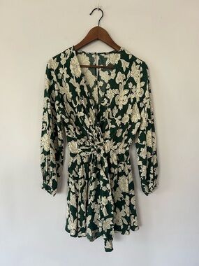 ZARA Green Floral Wrap Romper Tie Waist Long Sleeve Boho Cottagecore Sz Sm, EUC
